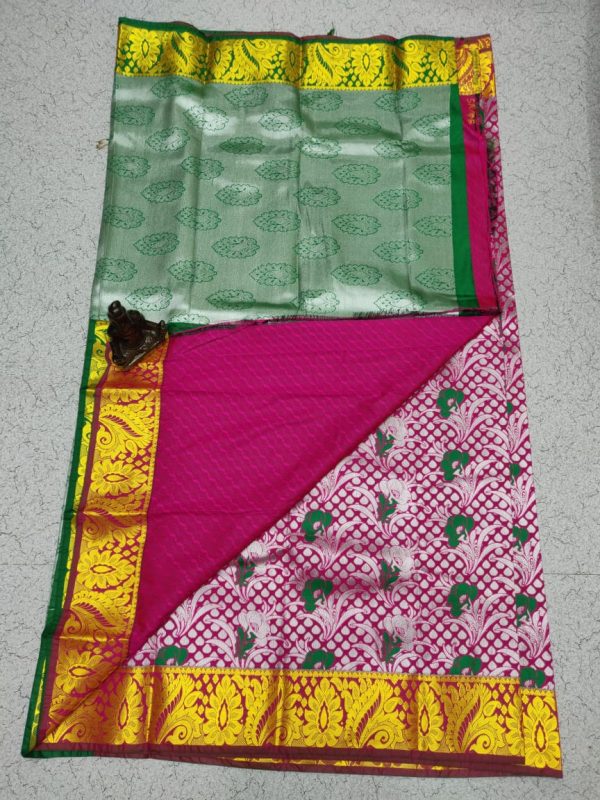 Rose pallu and green colour outline kanjivaram saree