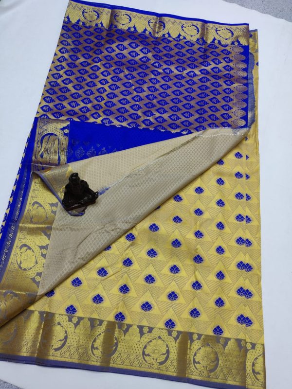 Dark blue colour and sandal colour combination silk saree 