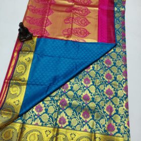 Rose and dak blue and green combination kanjivaram silk saree