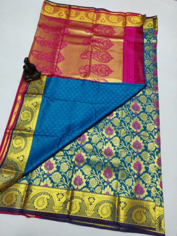 Rose and dak blue and green combination kanjivaram silk saree